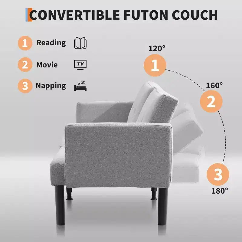 Futon Sofa Bed, Compact Loveseat, Modern Mid-Century Sleeper Sofa, Convertible Couch