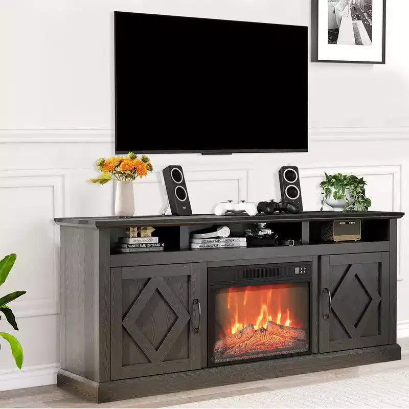 Coolmee Farmhouse Electric Fireplace TV Stand for TVs up to 65 inch, 23 inch Remote Control Fireplace, Plenty of Storage, Sliding Barn Doors