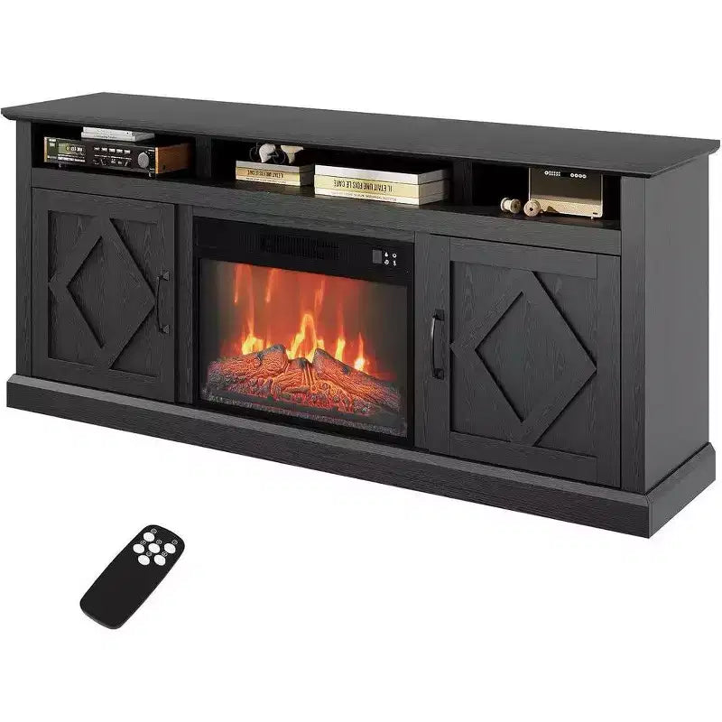 Meuble TV avec cheminée électrique de style ferme pour téléviseurs jusqu'à 65 pouces, cheminée avec télécommande de 23 pouces, grand espace de rangement, portes coulissantes de style grange