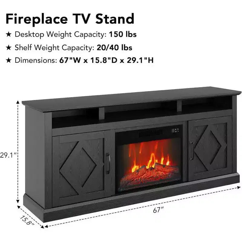 Farmhouse Electric Fireplace TV Stand for TVs up to 65 inch, 23 inch Remote Control Fireplace, Plenty of Storage, Sliding Barn Doors