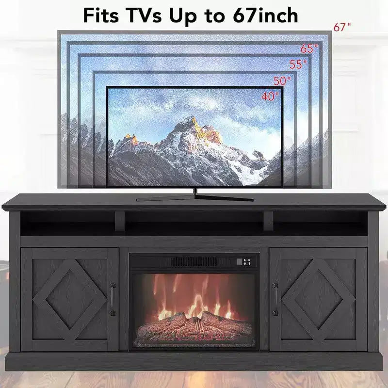 Meuble TV avec cheminée électrique de style ferme pour téléviseurs jusqu'à 65 pouces, cheminée avec télécommande de 23 pouces, grand espace de rangement, portes coulissantes de style grange