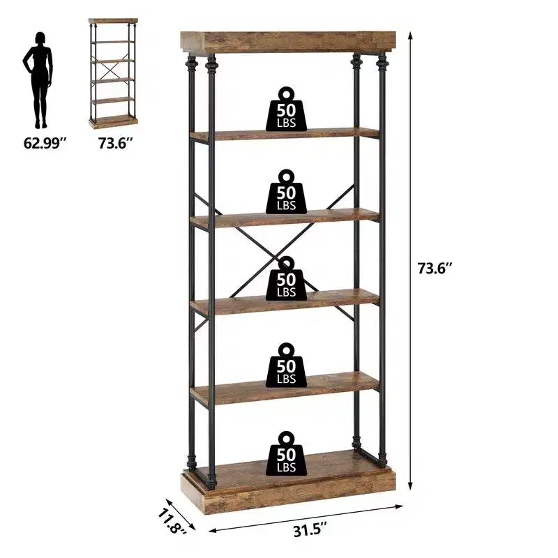Étagère industrielle à 6 niveaux, Bibliothèque haute rustique à cadre métallique, Grand rayonnage de présentation vintage pour chambre à coucher, salon et bureau à domicile