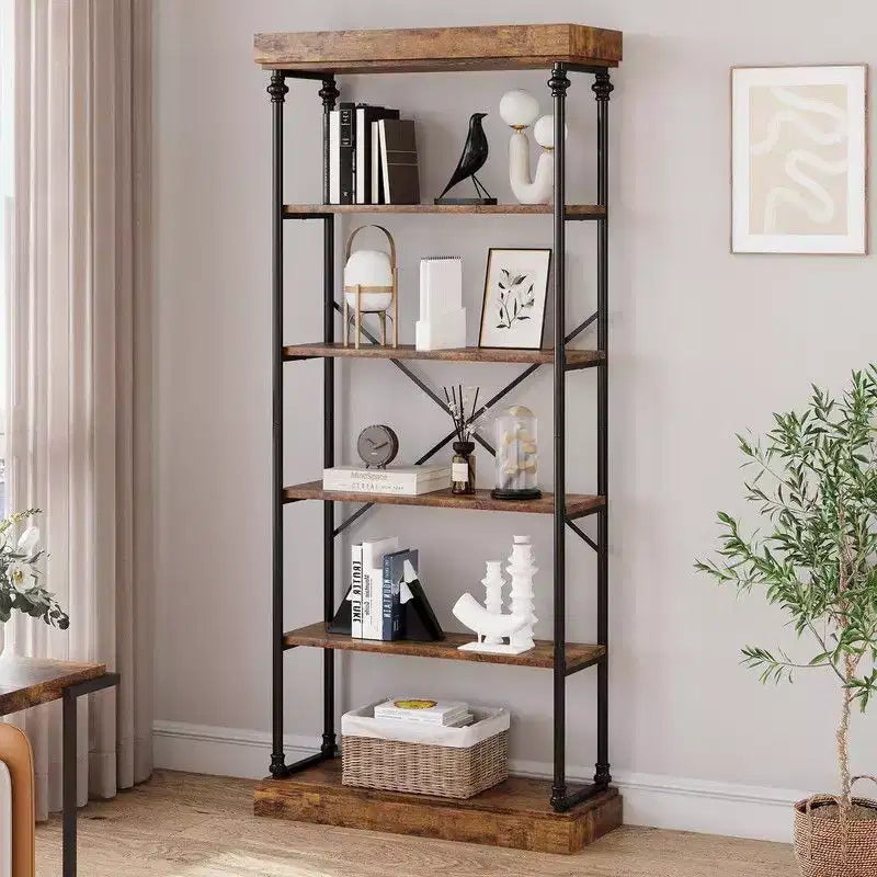 Étagère industrielle à 6 niveaux, Bibliothèque haute rustique à cadre métallique, Grand rayonnage de présentation vintage pour chambre à coucher, salon et bureau à domicile
