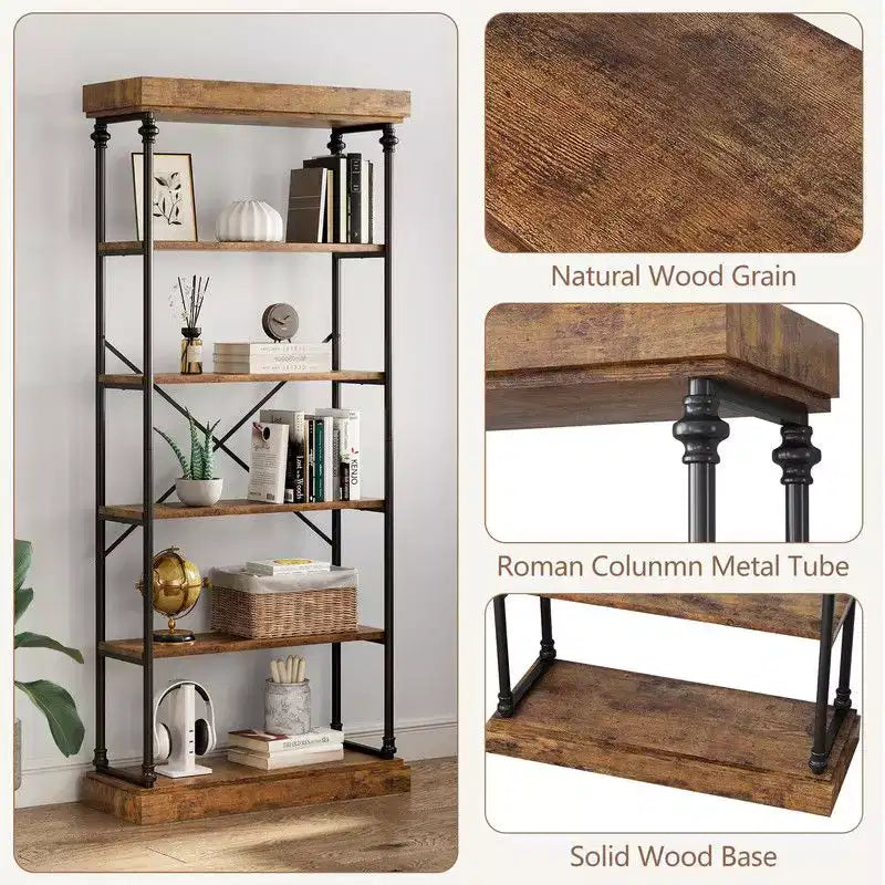 Étagère industrielle à 6 niveaux, Bibliothèque haute rustique à cadre métallique, Grand rayonnage de présentation vintage pour chambre à coucher, salon et bureau à domicile