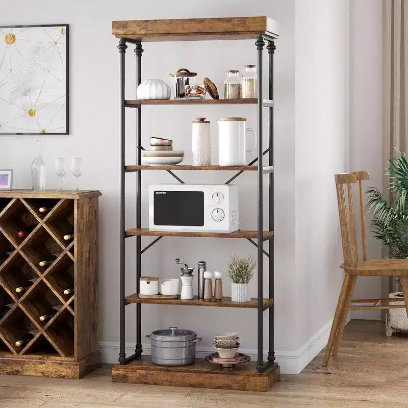Étagère industrielle à 6 niveaux, Bibliothèque haute rustique à cadre métallique, Grand rayonnage de présentation vintage pour chambre à coucher, salon et bureau à domicile
