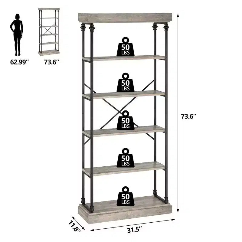 Industrial 6 Tier Bookshelf, Metal Frame Rustic Tall Standing Bookcase, Large Vintage Display Rack for Bedroom, Living Room and Home Office