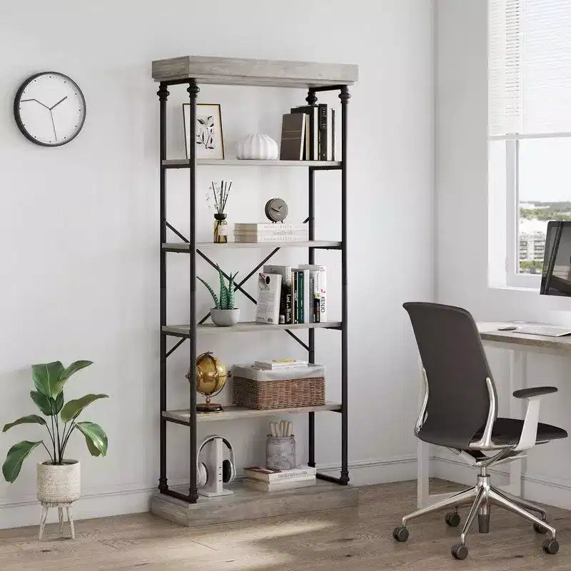 Industrial 6 Tier Bookshelf, Metal Frame Rustic Tall Standing Bookcase, Large Vintage Display Rack for Bedroom, Living Room and Home Office