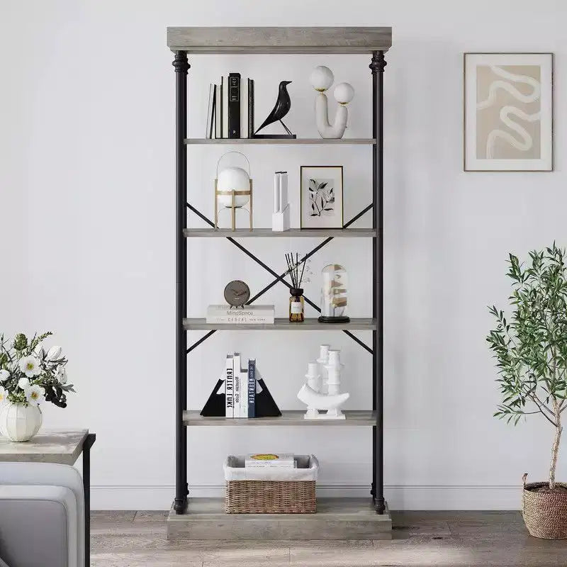 Étagère industrielle à 6 niveaux, Bibliothèque haute rustique à cadre métallique, Grand rayonnage de présentation vintage pour chambre à coucher, salon et bureau à domicile
