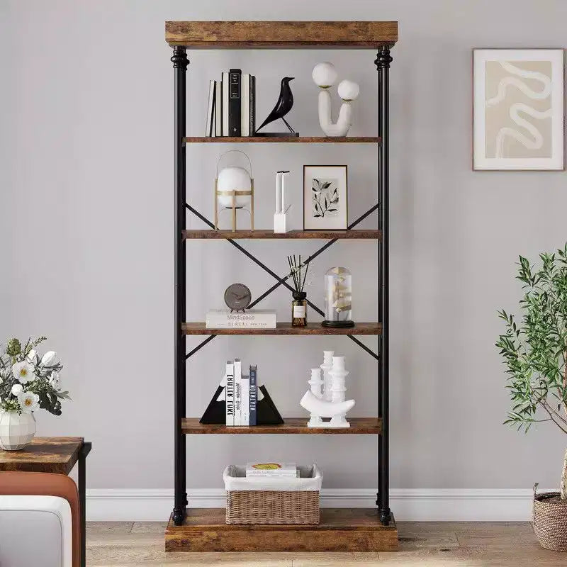 Industrial 6 Tier Bookshelf, Metal Frame Rustic Tall Standing Bookcase, Large Vintage Display Rack for Bedroom, Living Room and Home Office