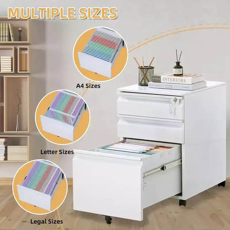 3 Drawer File Cabinet, with 4 Wheels, Locking File Cabinet for A4, Letter-Head, Legal-Size Folders, File Cabinet for Office&Study