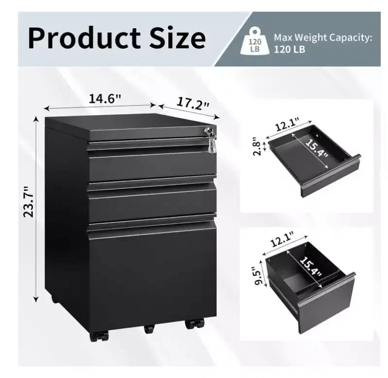 3 Drawer File Cabinet, with 4 Wheels, Locking File Cabinet for A4, Letter-Head, Legal-Size Folders, File Cabinet for Office&Study