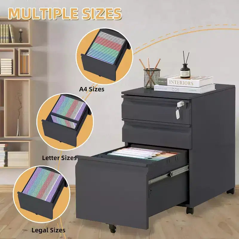 3 Drawer File Cabinet, with 4 Wheels, Locking File Cabinet for A4, Letter-Head, Legal-Size Folders, File Cabinet for Office&Study