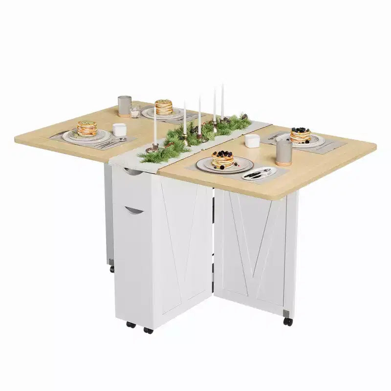 Folding Dining Table for Small Spaces, Multifunctional Drop Leaf Table with Storage Cabinet, Drawer & Wheels, Seats 4, Space-Saving Kitchen Island