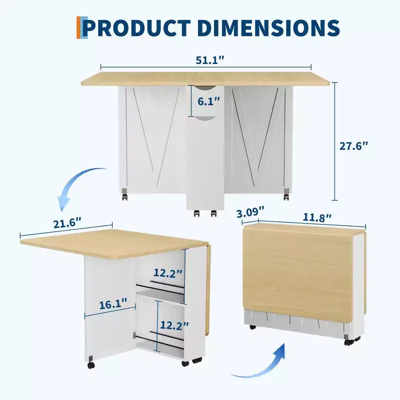 Folding Dining Table for Small Spaces, Multifunctional Drop Leaf Table with Storage Cabinet, Drawer & Wheels, Seats 4, Space-Saving Kitchen Island