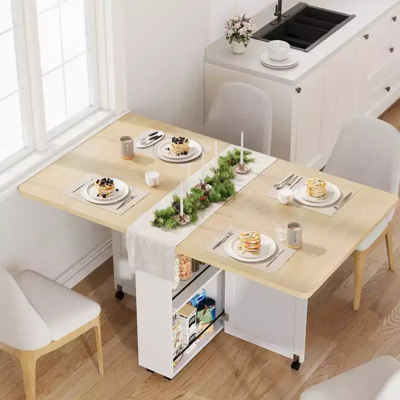 Folding Dining Table for Small Spaces, Multifunctional Drop Leaf Table with Storage Cabinet, Drawer & Wheels, Seats 4, Space-Saving Kitchen Island
