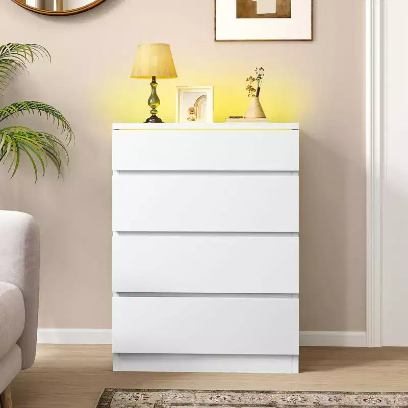 Commode moderne à 4 tiroirs avec plateau en verre trempé LED Meuble de rangement pour chambre à coucher et salon