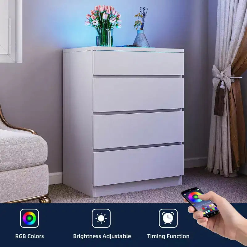 Commode moderne à 4 tiroirs avec plateau en verre trempé LED Meuble de rangement pour chambre à coucher et salon
