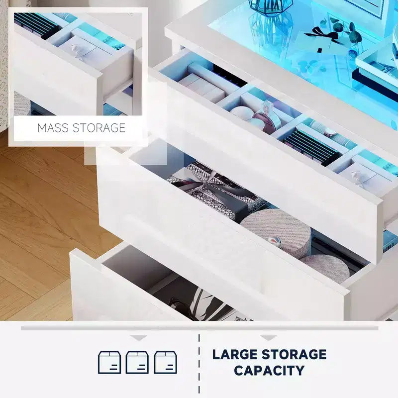 Modern 4 Drawer Dresser with LED Tempered Glass Top Bedroom Living Room Storage Organizer