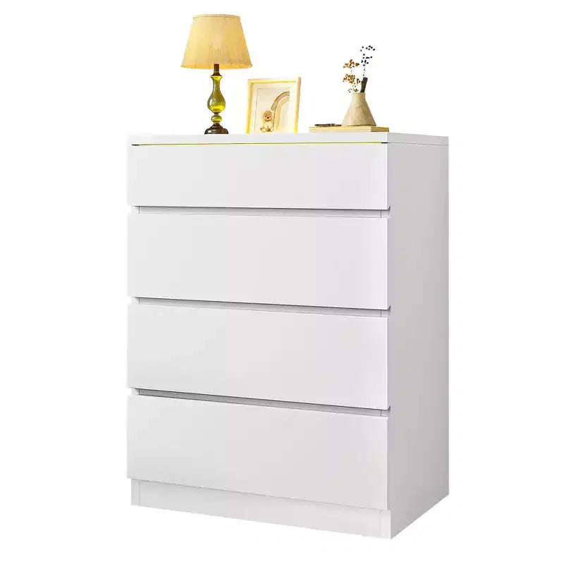 Commode moderne à 4 tiroirs avec plateau en verre trempé LED Meuble de rangement pour chambre à coucher et salon