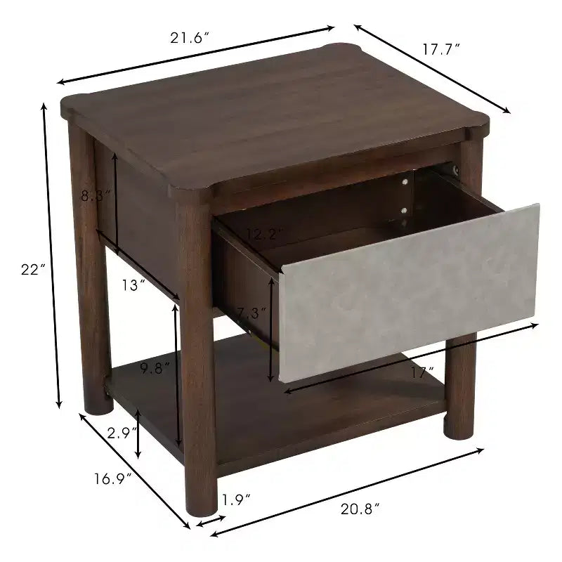 Table de chevet Eliana en bois de style ferme moderne avec tiroir et étagère ouverte