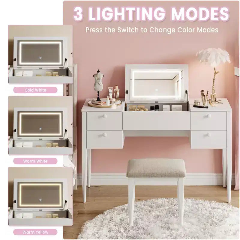 Coiffeuse de 120 cm avec lumières, tabouret, plateau relevable et miroir pour chambre à coucher