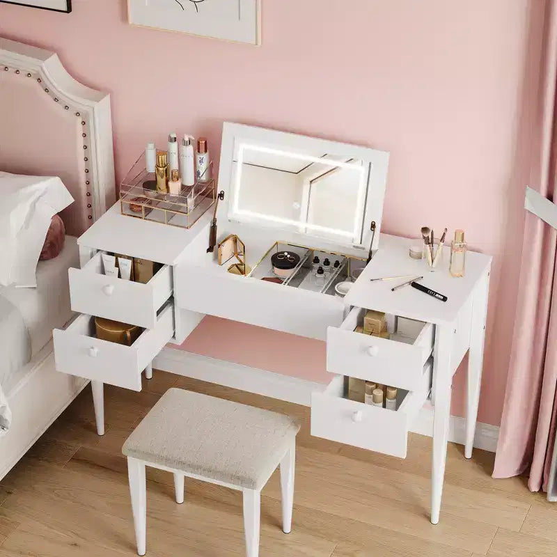 Coiffeuse de 120 cm avec lumières, tabouret, plateau relevable et miroir pour chambre à coucher