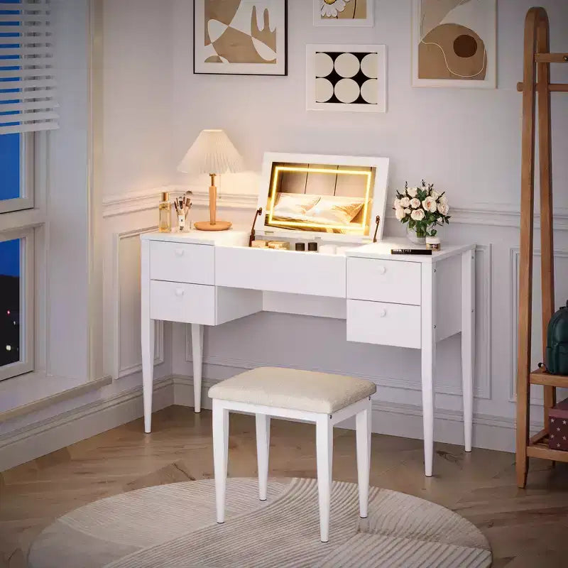 Coiffeuse de 120 cm avec lumières, tabouret, plateau relevable et miroir pour chambre à coucher
