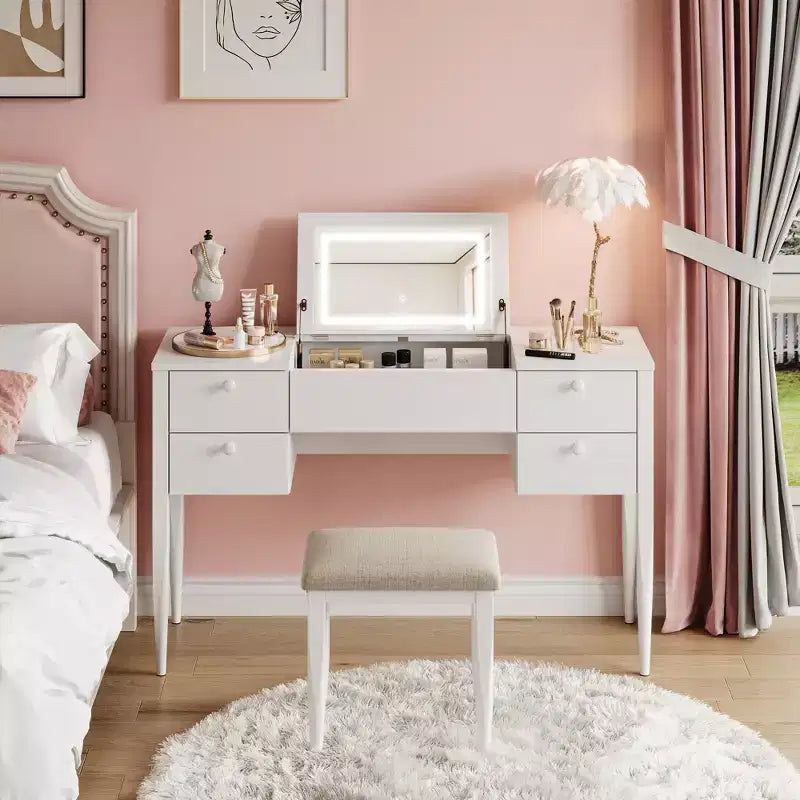 Coiffeuse de 120 cm avec lumières, tabouret, plateau relevable et miroir pour chambre à coucher