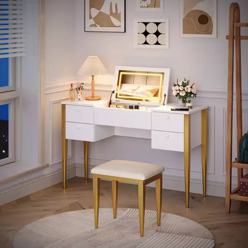 47.2 Makeup Vanity Desk with Lights, Stool, Flip Top and Mirror for Bedroom