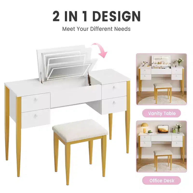 47.2 Makeup Vanity Desk with Lights, Stool, Flip Top and Mirror for Bedroom
