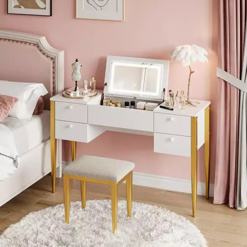 47.2 Makeup Vanity Desk with Lights, Stool, Flip Top and Mirror for Bedroom
