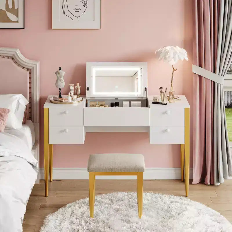 Coiffeuse de 120 cm avec lumières, tabouret, plateau relevable et miroir pour chambre à coucher