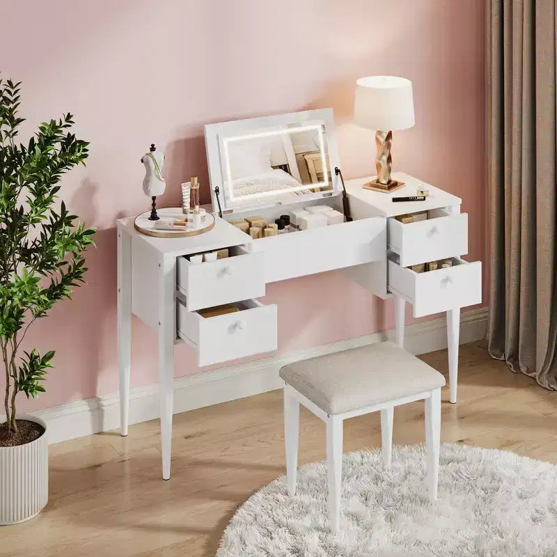 47.2 Makeup Vanity Desk with Lights, Stool, Flip Top and Mirror for Bedroom