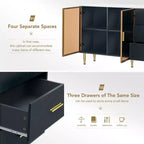 Modern Sideboard Buffet Cabinet with Tempered Glass Doors and Drawers, Storage Cabinet with Adjustable Shelves, Navy Blue