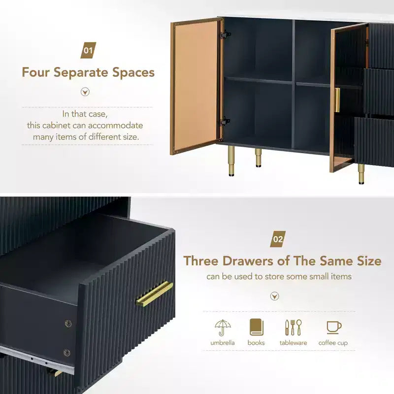Modern Sideboard Buffet Cabinet with Tempered Glass Doors and Drawers, Storage Cabinet with Adjustable Shelves, Navy Blue