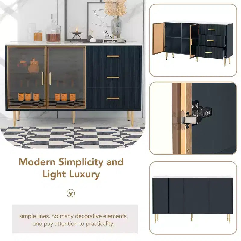 Modern Sideboard Buffet Cabinet with Tempered Glass Doors and Drawers, Storage Cabinet with Adjustable Shelves, Navy Blue