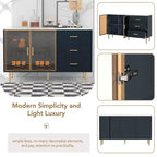 Modern Sideboard Buffet Cabinet with Tempered Glass Doors and Drawers, Storage Cabinet with Adjustable Shelves, Navy Blue