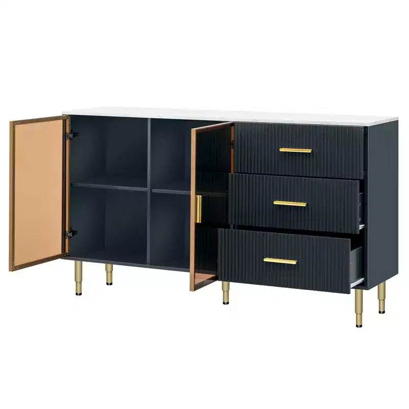 Modern Sideboard Buffet Cabinet with Tempered Glass Doors and Drawers, Storage Cabinet with Adjustable Shelves, Navy Blue