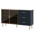 Modern Sideboard Buffet Cabinet with Tempered Glass Doors and Drawers, Storage Cabinet with Adjustable Shelves, Navy Blue