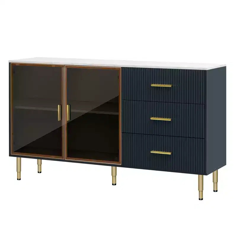 Modern Sideboard Buffet Cabinet with Tempered Glass Doors and Drawers, Storage Cabinet with Adjustable Shelves, Navy Blue