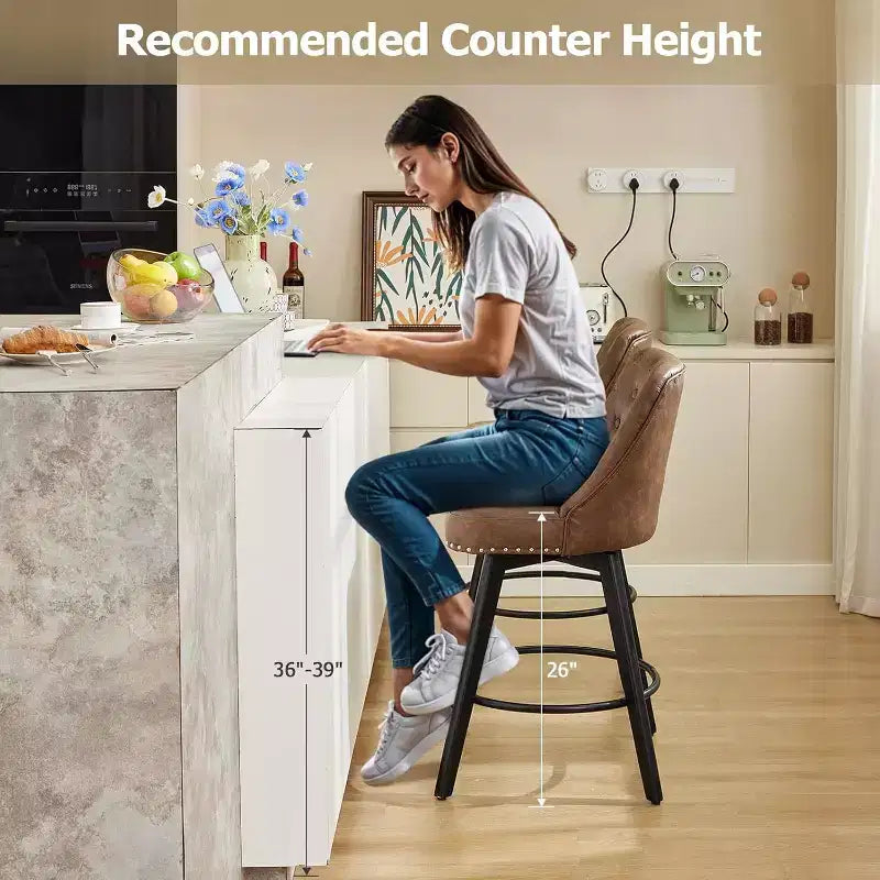 Modern Counter Height Swivel Bar Stools with Upholstered, Wood Legs & Footrest for Kitchen Island Dining Room Home Barm