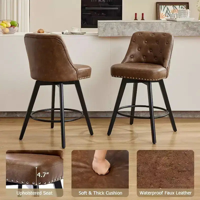 Modern Counter Height Swivel Bar Stools with Upholstered, Wood Legs & Footrest for Kitchen Island Dining Room Home Barm