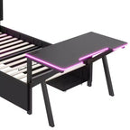 Lit double pour joueur avec bureau et LED et tiroirs de rangement, lit métallique pour joueur, lits jumeaux avec bureau, noir