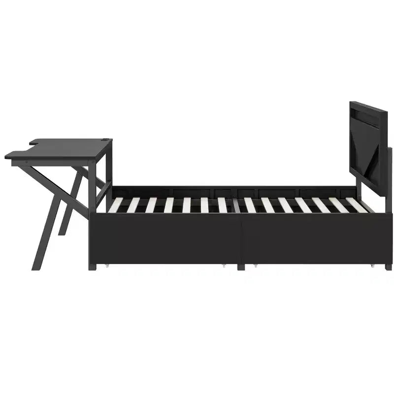 Lit double pour joueur avec bureau et LED et tiroirs de rangement, lit métallique pour joueur, lits jumeaux avec bureau, noir
