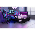 Lit double pour joueur avec bureau et LED et tiroirs de rangement, lit métallique pour joueur, lits jumeaux avec bureau, noir
