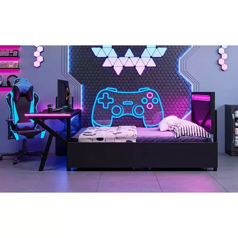 Lit double pour joueur avec bureau et LED et tiroirs de rangement, lit métallique pour joueur, lits jumeaux avec bureau, noir