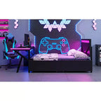 Lit double pour joueur avec bureau et LED et tiroirs de rangement, lit métallique pour joueur, lits jumeaux avec bureau, noir