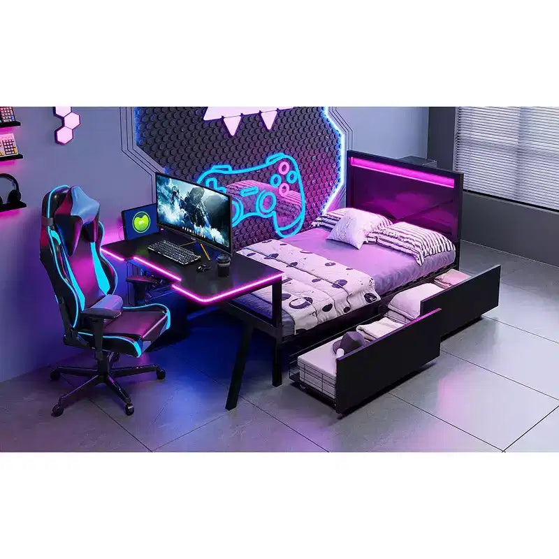 Lit double pour joueur avec bureau et LED et tiroirs de rangement, lit métallique pour joueur, lits jumeaux avec bureau, noir