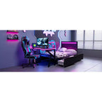 Lit double pour joueur avec bureau et LED et tiroirs de rangement, lit métallique pour joueur, lits jumeaux avec bureau, noir