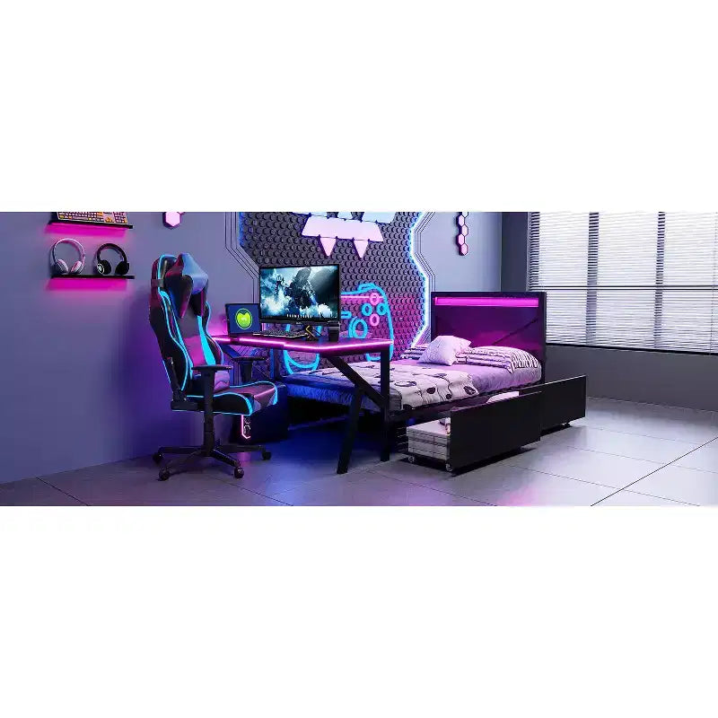 Lit double pour joueur avec bureau et LED et tiroirs de rangement, lit métallique pour joueur, lits jumeaux avec bureau, noir